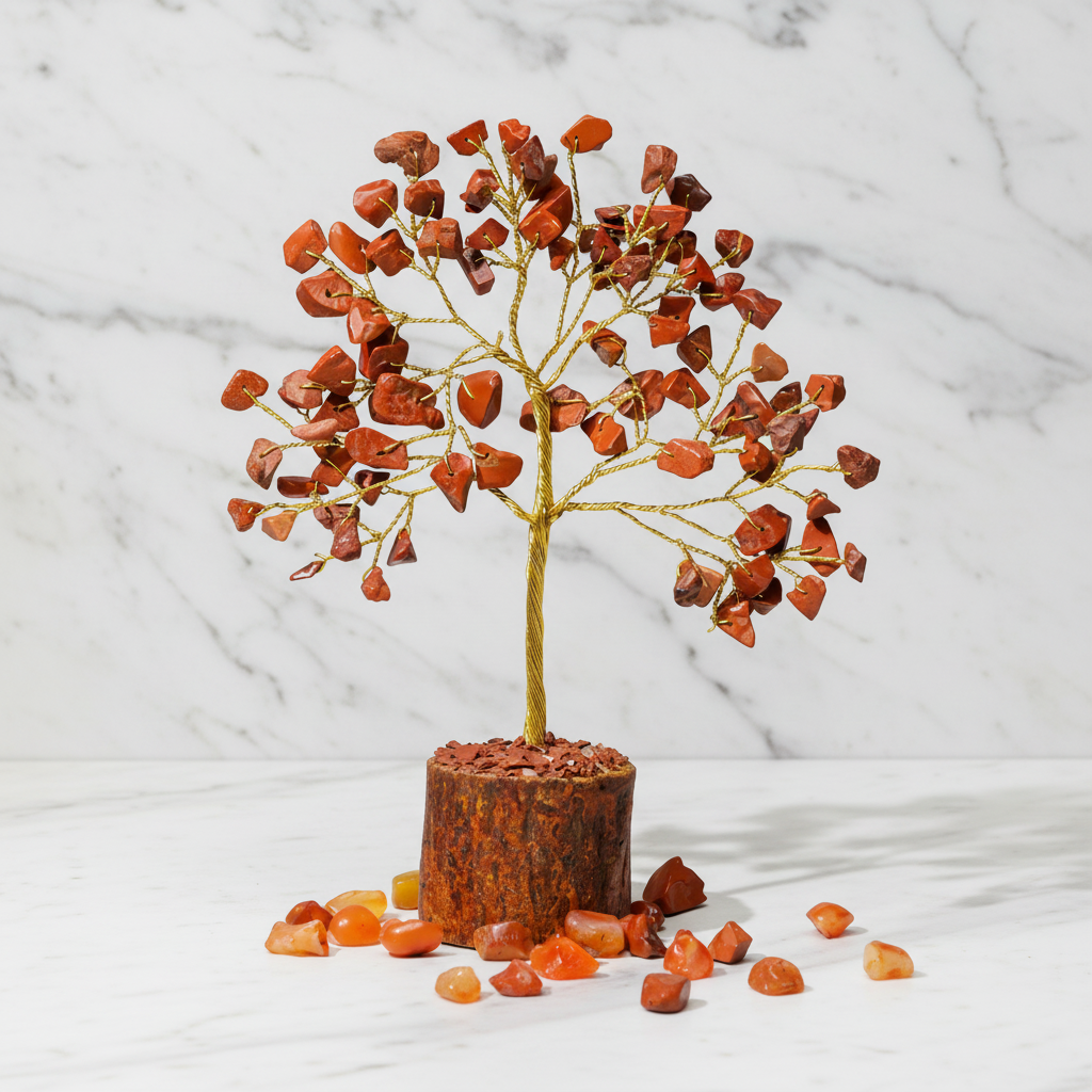 Red Jasper Crystal Tree gold wire on white marble