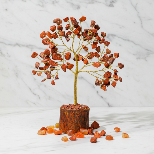 Red Jasper Crystal Tree gold wire on white marble