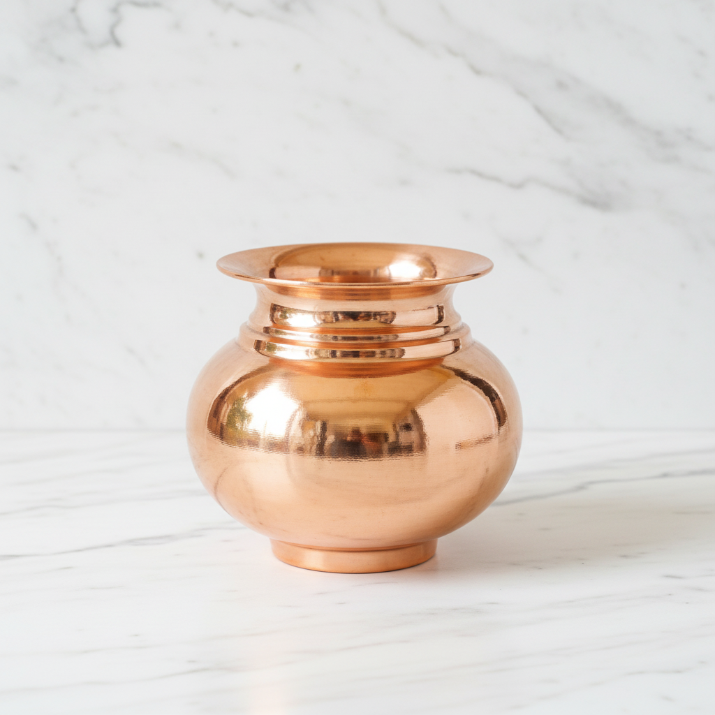 Copper lota 3/4 angle on white marble