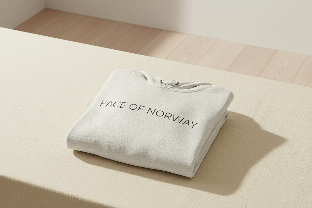 Folded Face of Norway oatmeal heather hoodie on cream linen