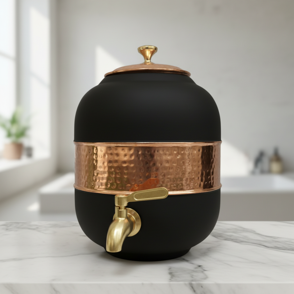 Black copper dispenser hero white marble