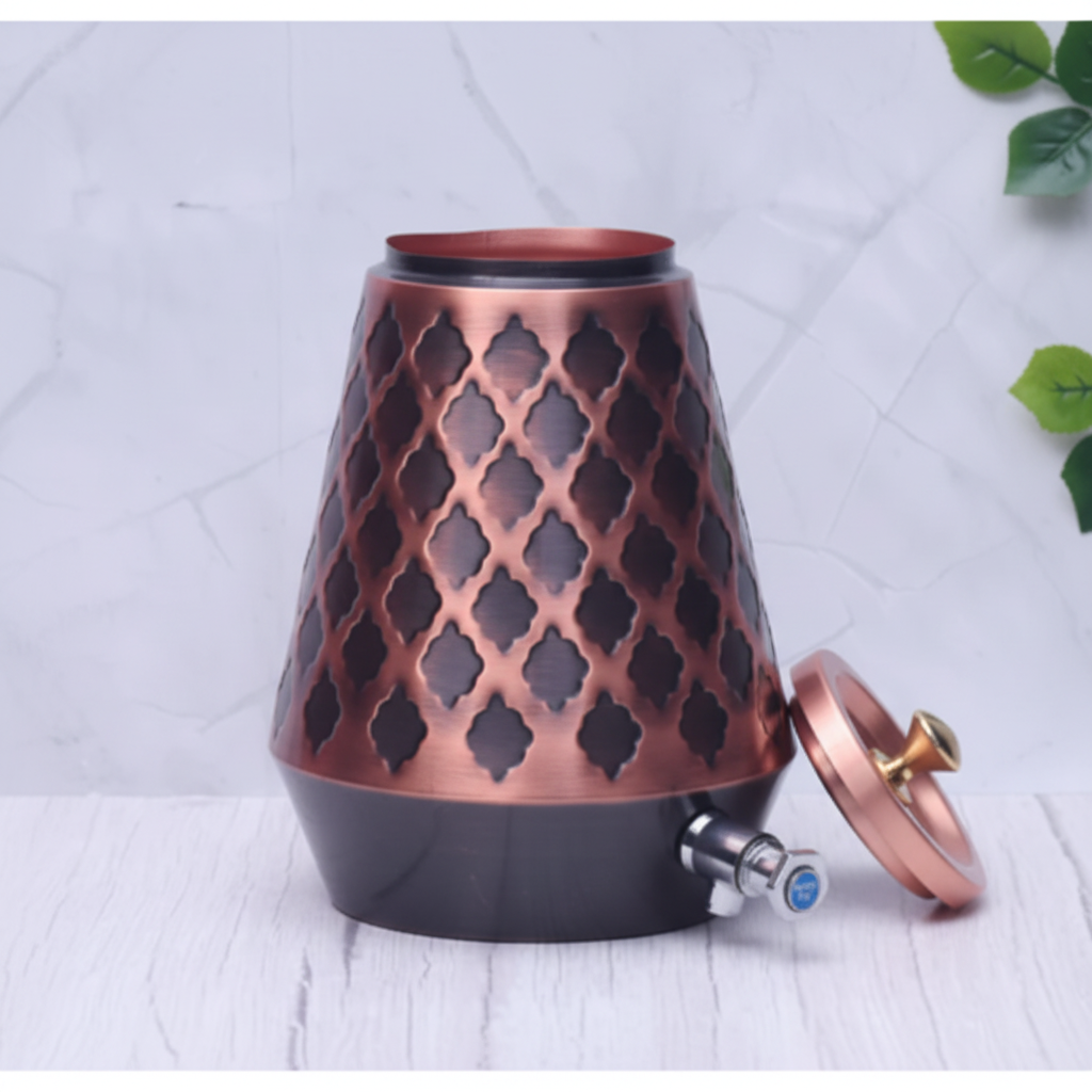 Pure Copper Conical Antique Kangura Dispenser side profile white marble