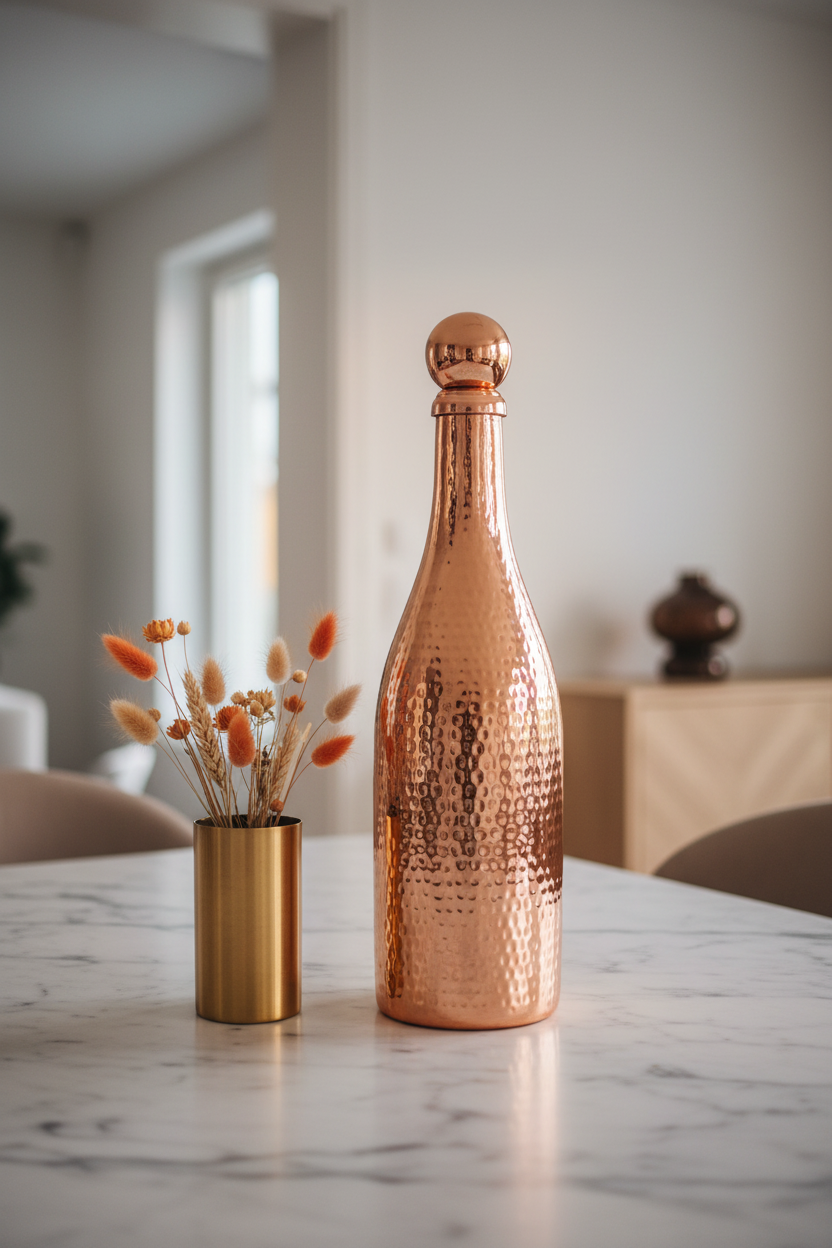 Copper champagne bottle case lifestyle with dried flowers