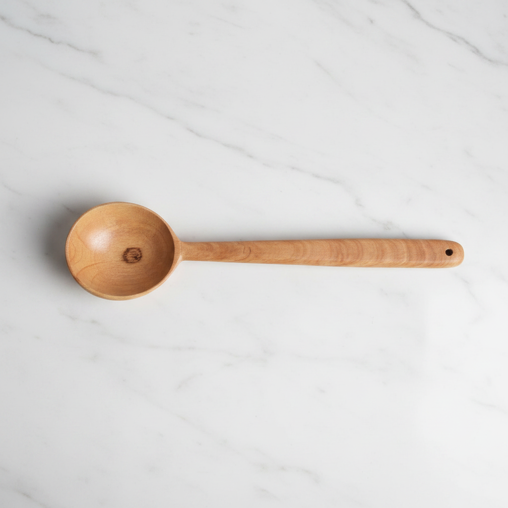 Neem Wood Gravy Ladle flat lay white marble
