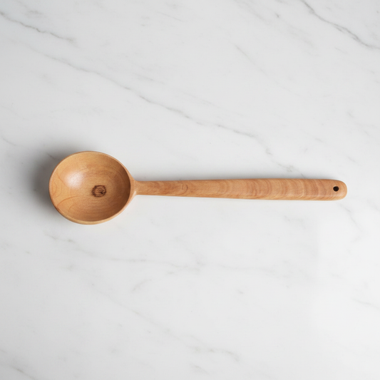 Neem Wood Gravy Ladle flat lay white marble