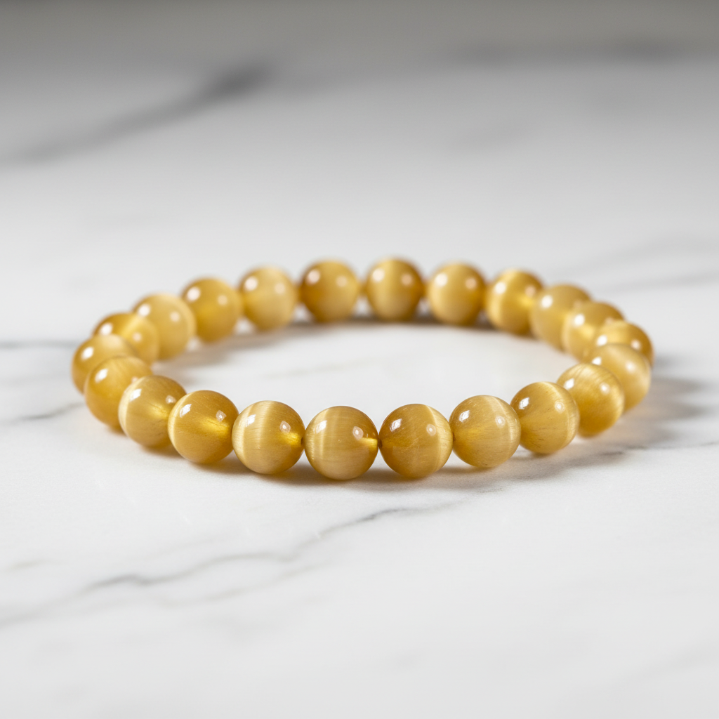 Cat's eye bracelet bead closeup chatoyant effect