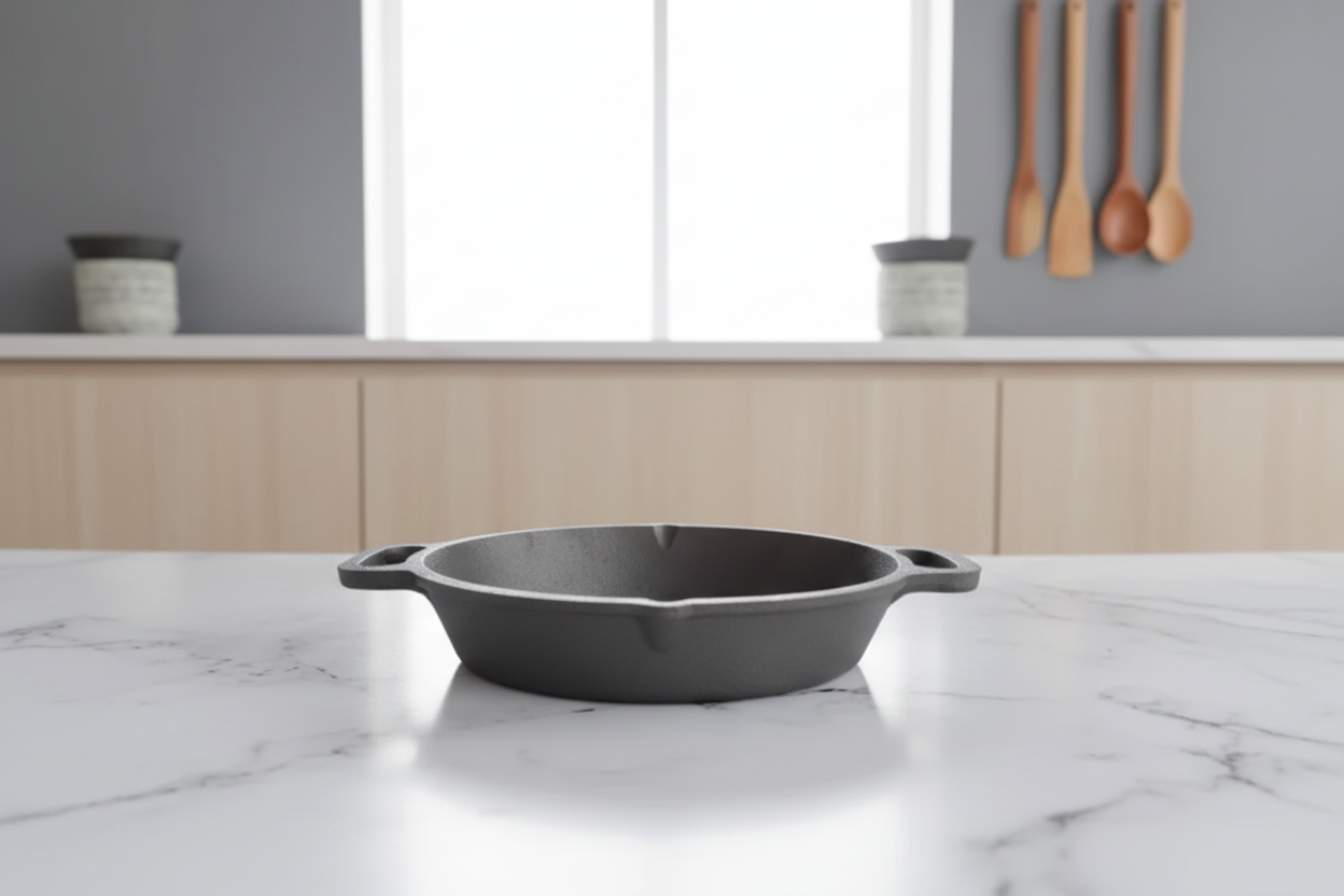 Cast Iron Dual Handle Skillet low angle - Face of Norway