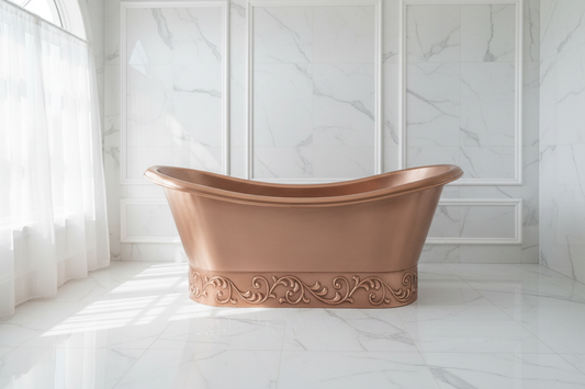 Albania copper bathtub front view white marble bathroom