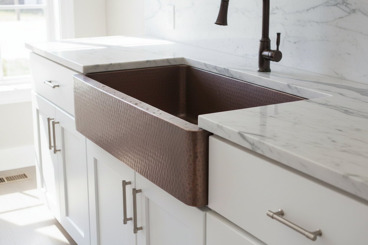 Full hammered copper sink side profile showing depth