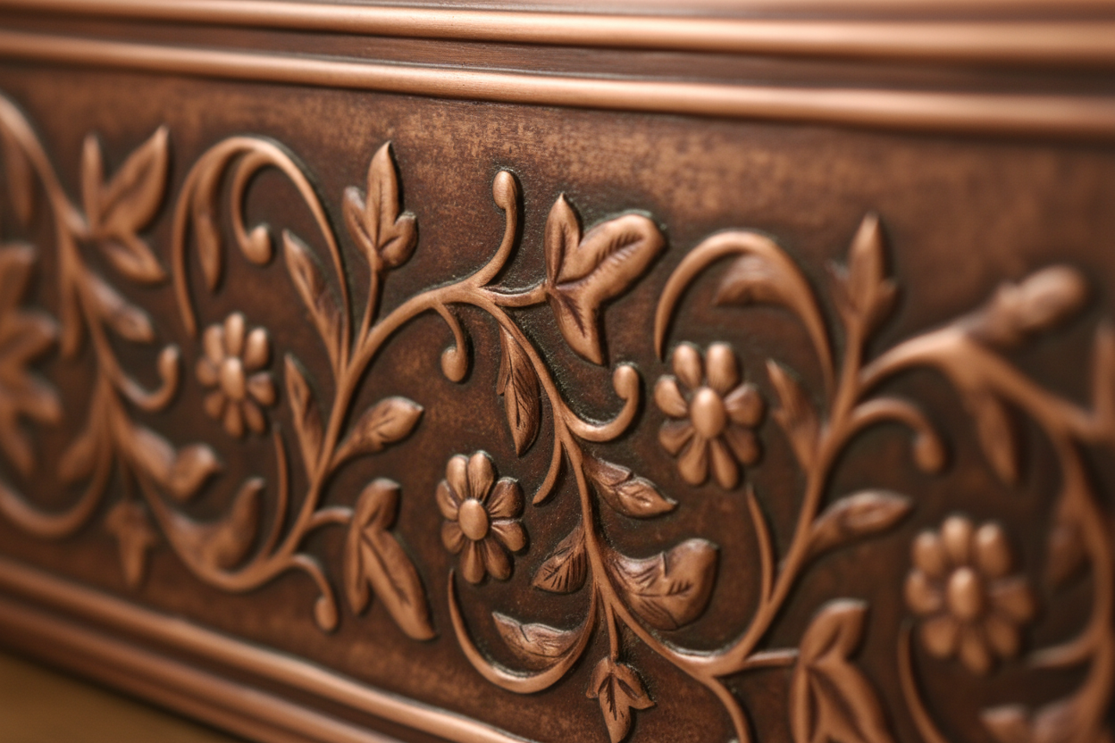 Close-up of hand-engraved floral pattern on copper sink