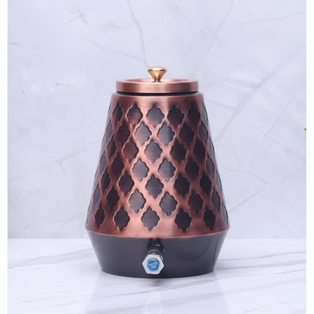Pure Copper Conical Antique Kangura Dispenser front view white marble