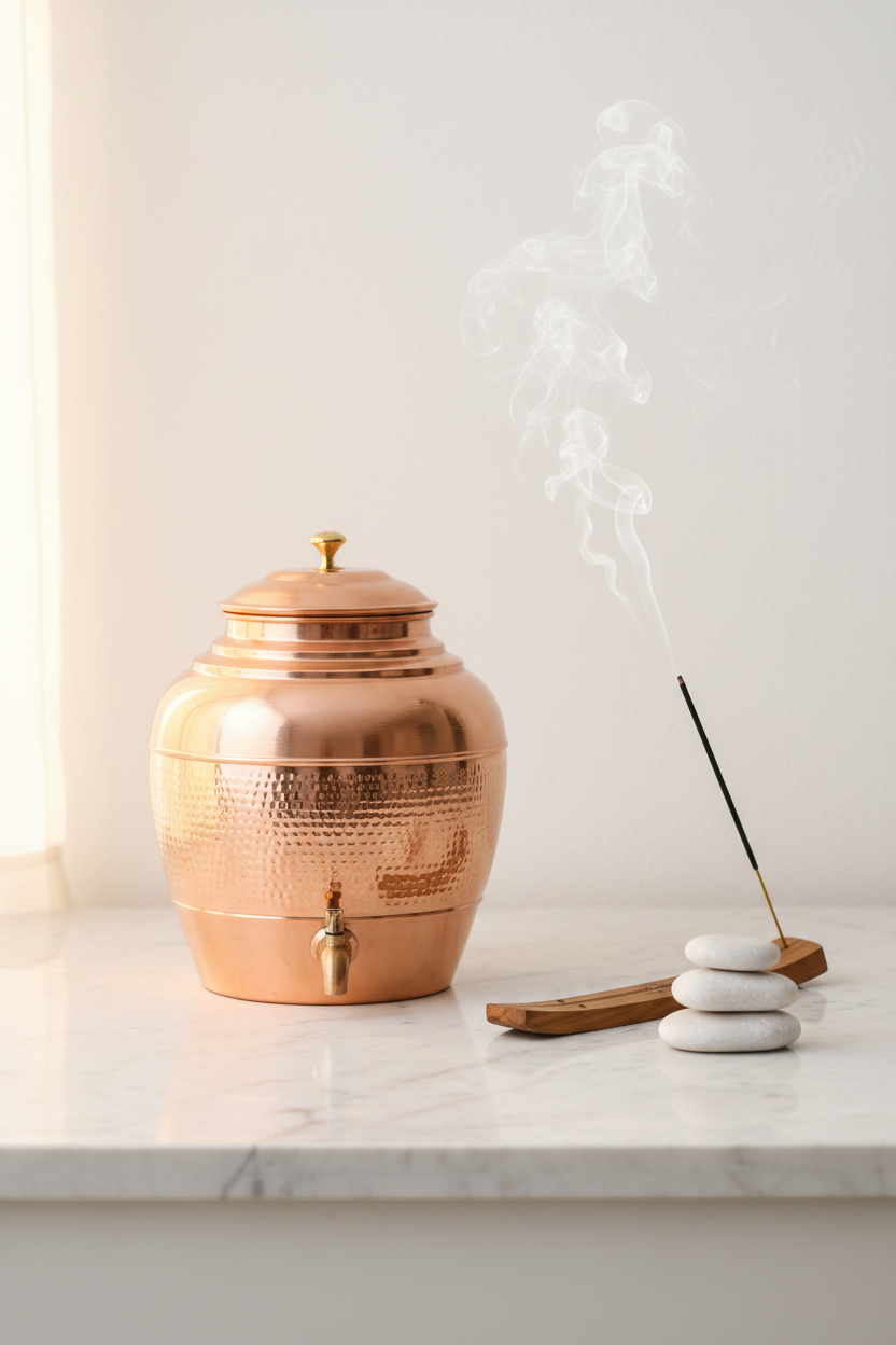 Pure Copper Round Half-Hammered Matka Dispenser 10L | Ayurvedic, Handcrafted