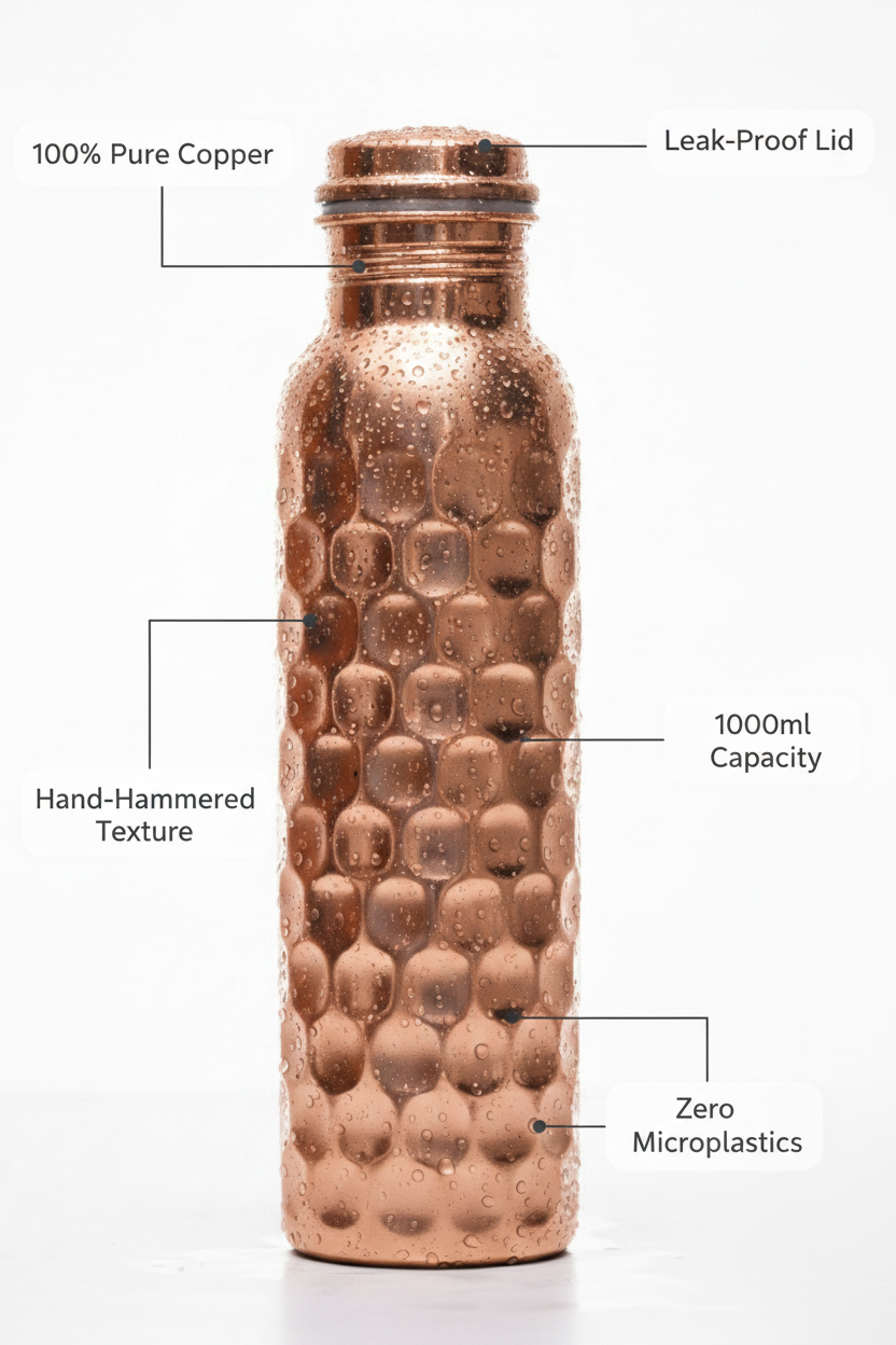100% Pure Certified Copper Water Bottle – Heavy Brick Hammered / Honeycomb Design 1000ml