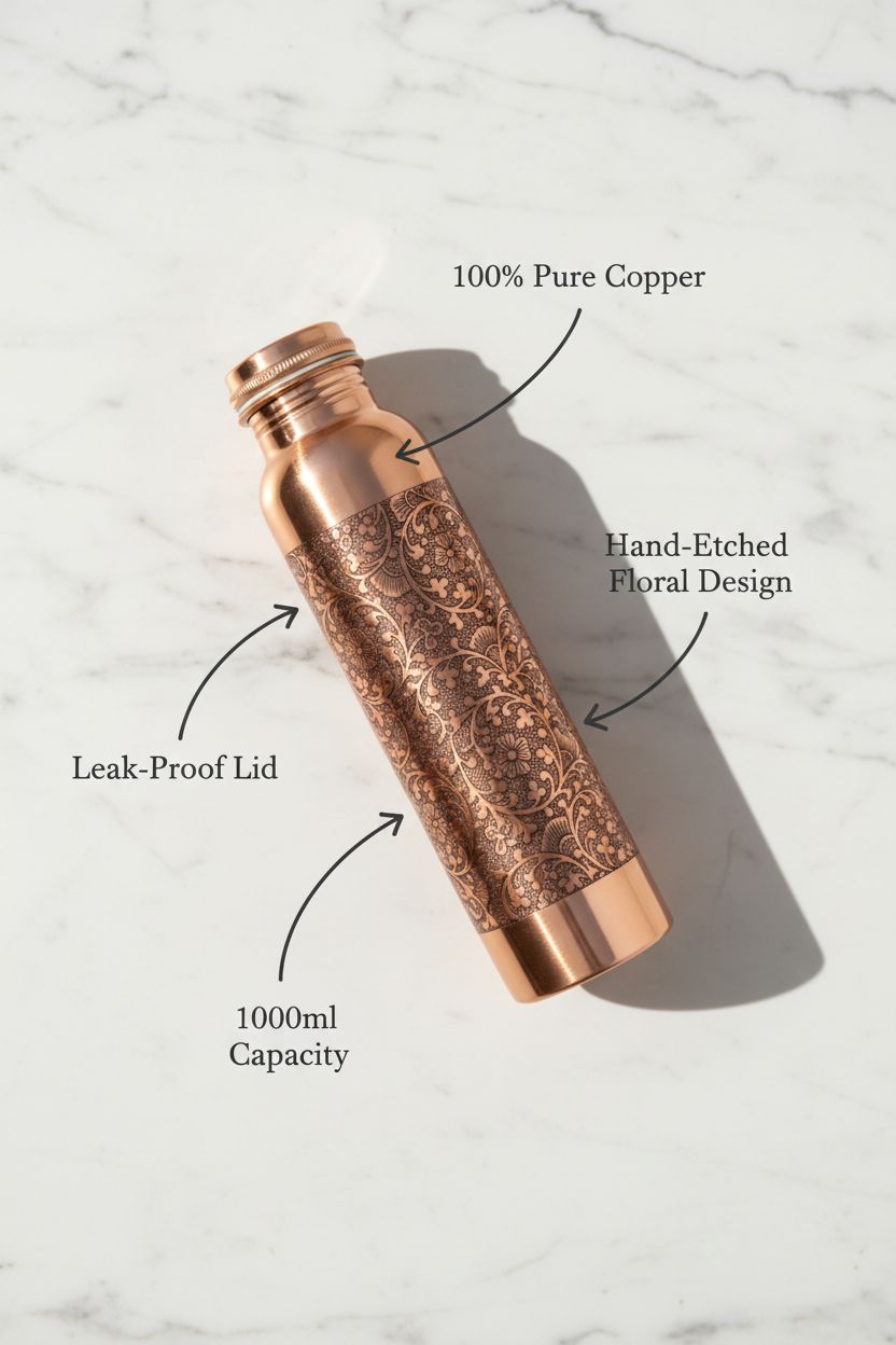 Pure Copper Etching Design Water Bottle – Hand-Etched Floral | 1000ml