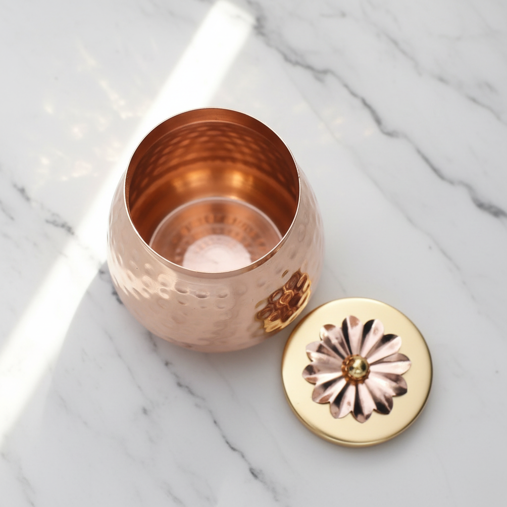 Copper Finish Container Set of 2 – Multipurpose Storage Jars with Flower Lid