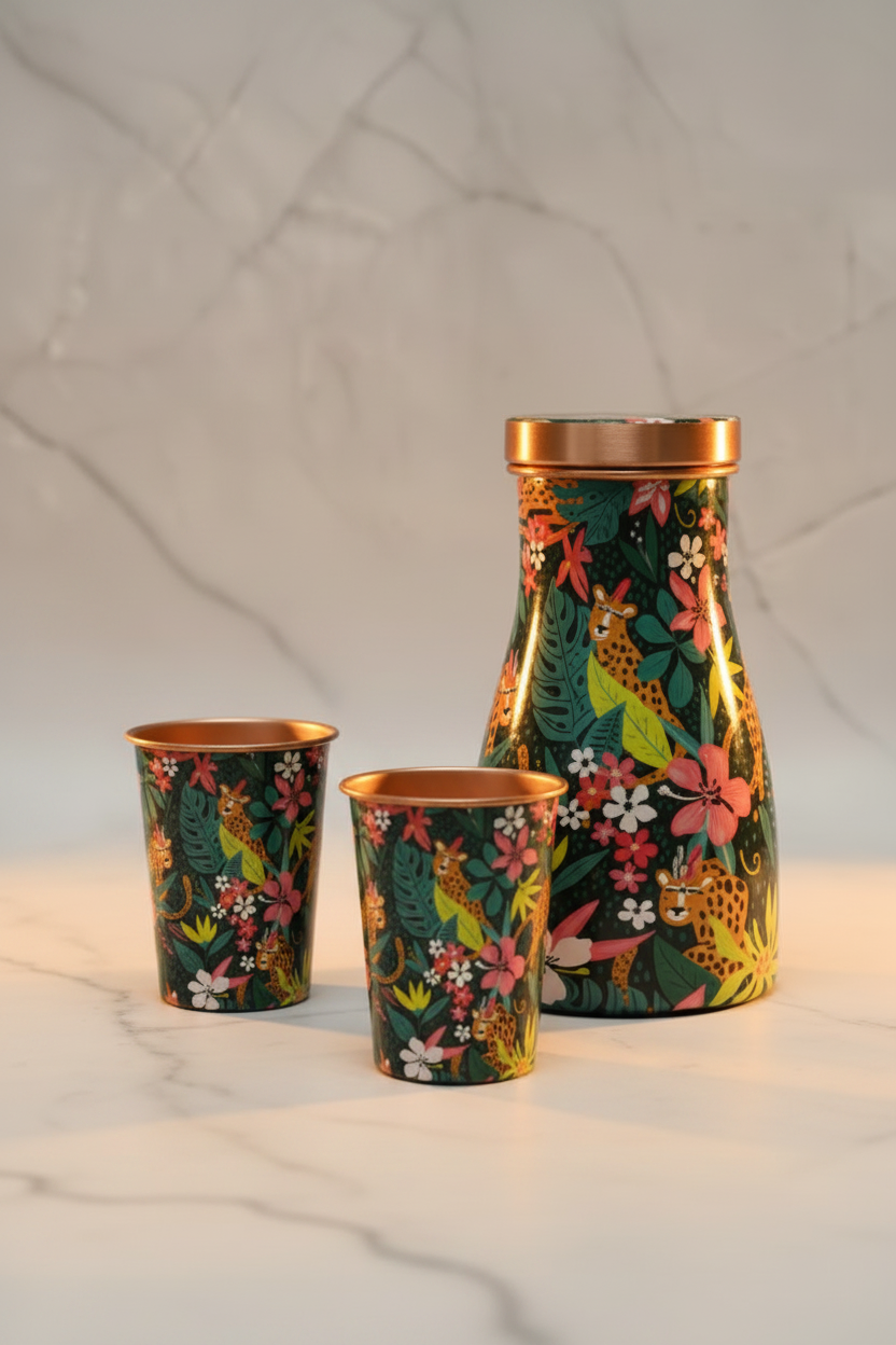 Printed Pure Copper Bedside Jar with 2 Glasses — 1000ml Gift Set