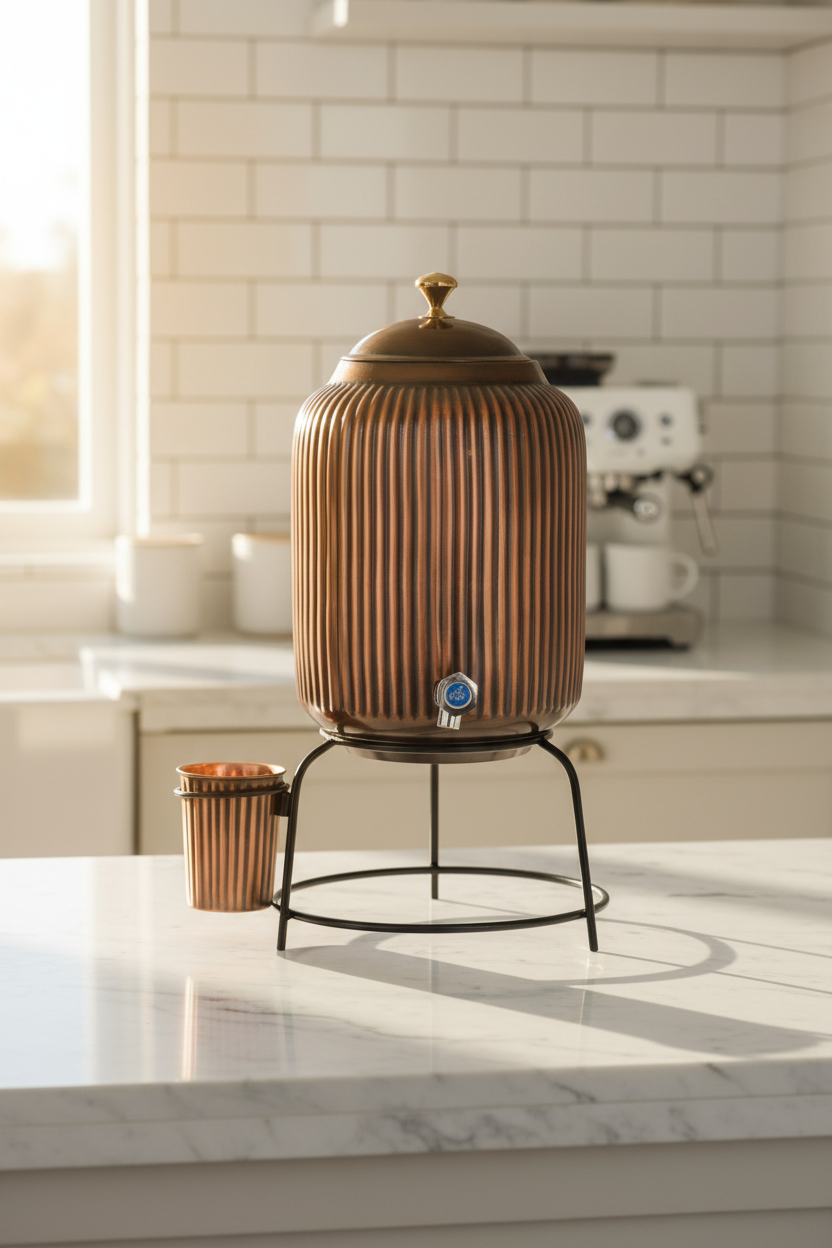 Pure Copper Water Dispenser – Antique Rope Design | With Stand & Glass | Ayurvedic, Handcrafted
