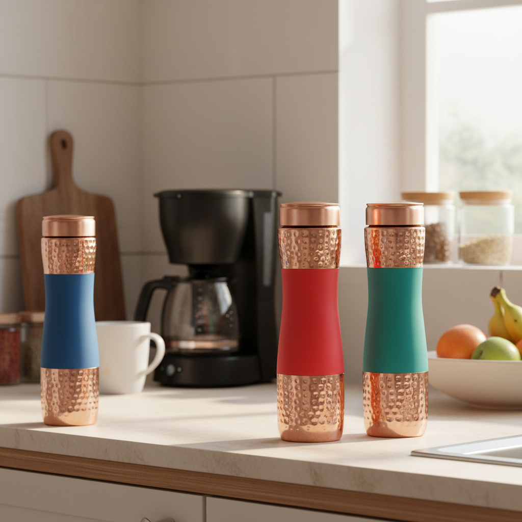 Pure Copper Water Bottle Set of 3 – Red, Green & Blue | Hammered Silk Finish