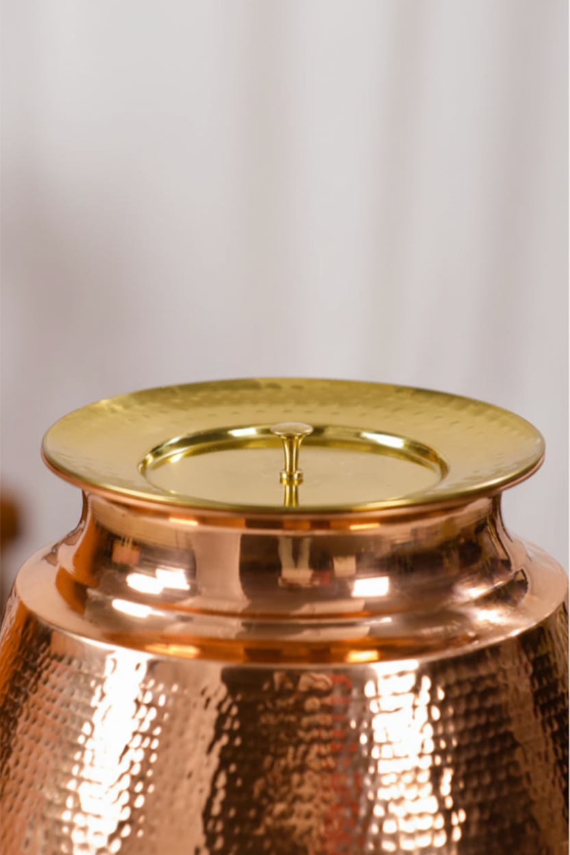 Pure Copper Full-Hammered Water Dispenser 8L | With Brass Stand | Ayurvedic, Handcrafted