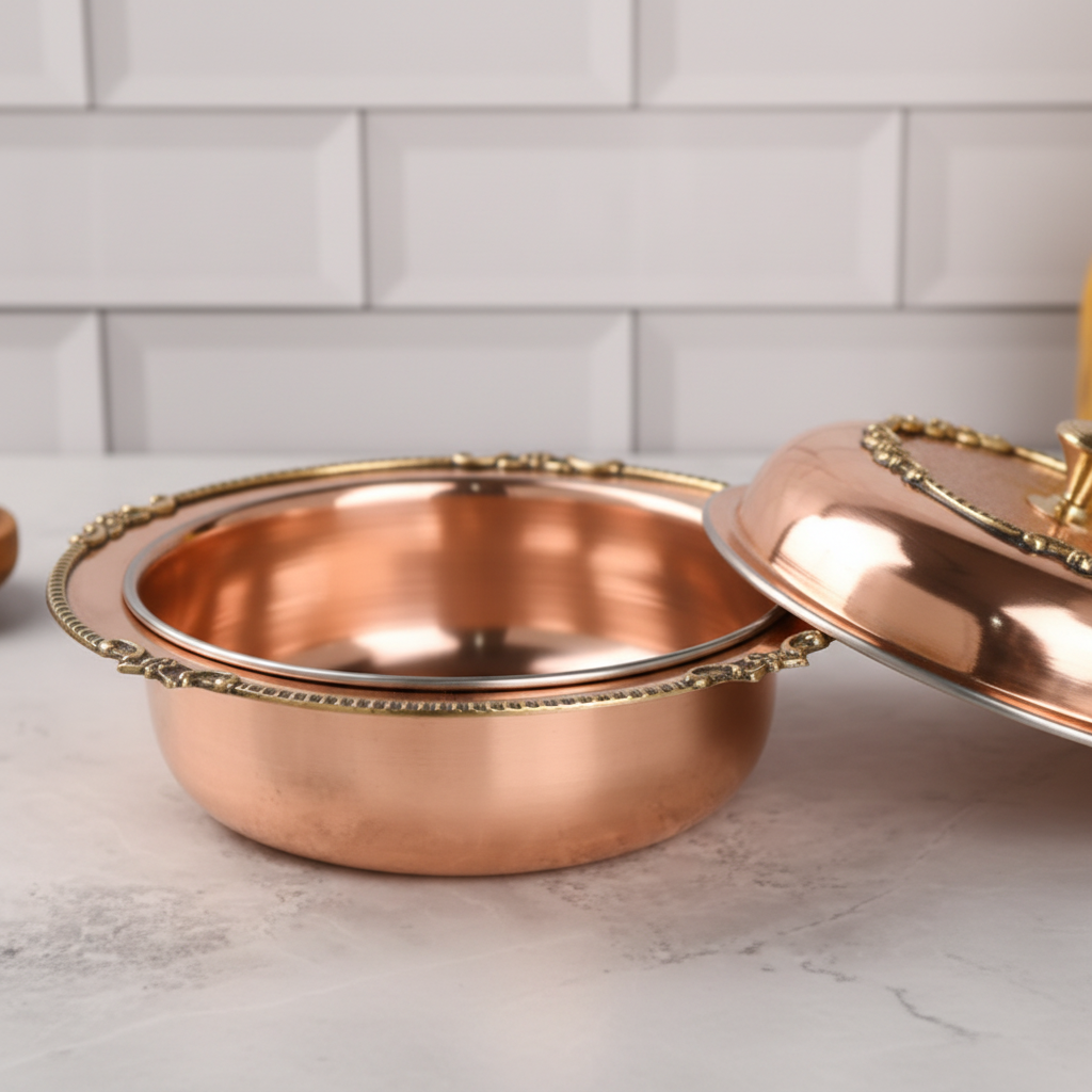 Handcrafted Copper Serving Pot with Brass Handle – 1.8L Traditional Dinnerware