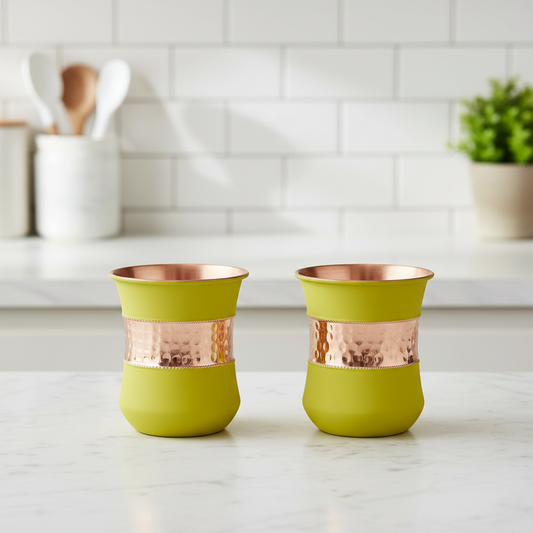 Pure Copper Water Glass Set of 2 – Olive Lime Green Half Hammered Damru Tumbler 300ML