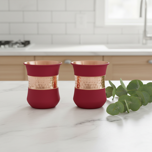 Pure Copper Water Glass Set of 2 – Silk Red Cherry Half Hammered Damru Tumbler 300ML