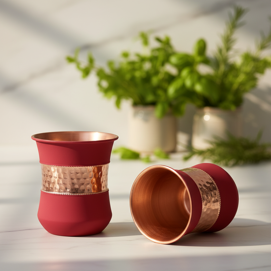 Pure Copper Water Glass Set of 2 – Silk Red Cherry Half Hammered Damru Tumbler 300ML