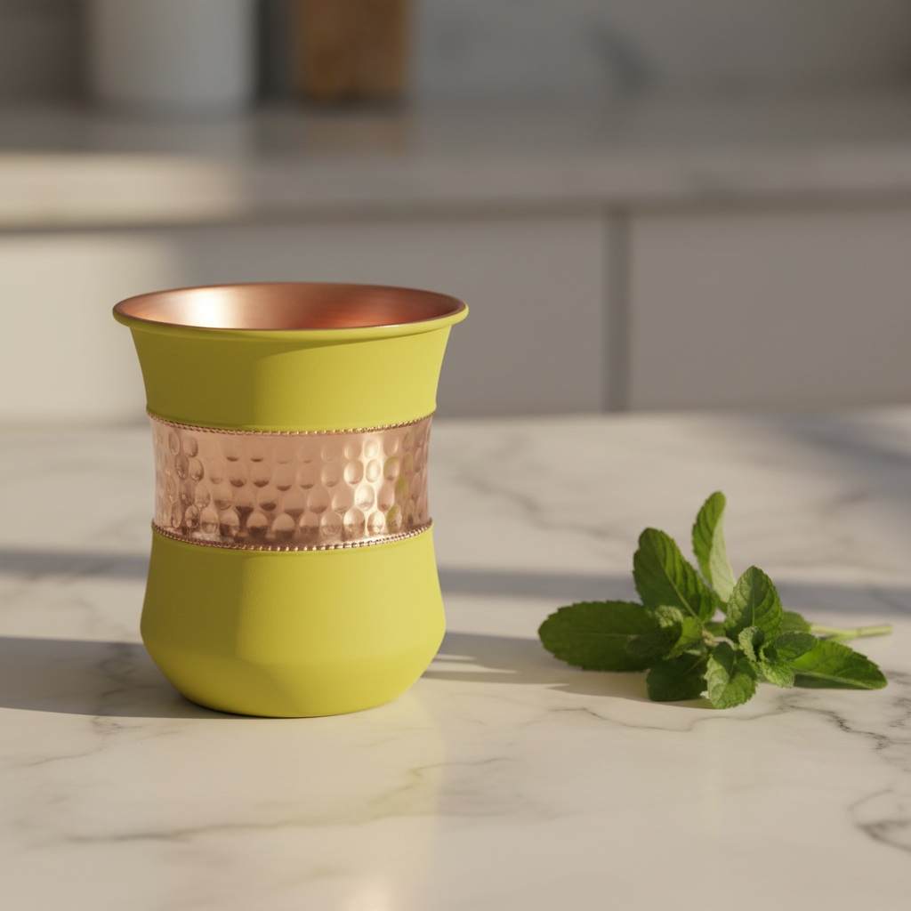 Pure Copper Water Glass Set of 2 – Olive Lime Green Half Hammered Damru Tumbler 300ML