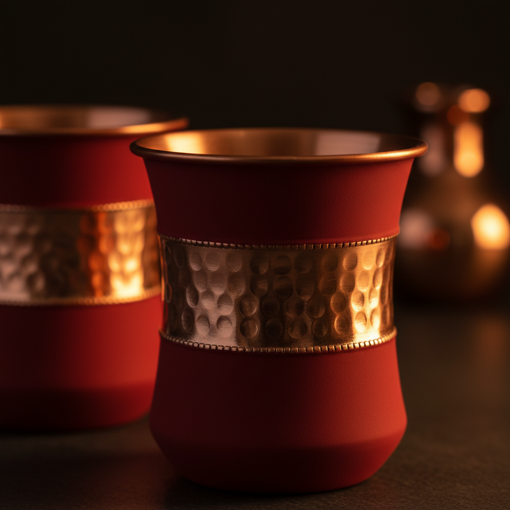 Pure Copper Water Glass Set of 2 – Silk Red Cherry Half Hammered Damru Tumbler 300ML