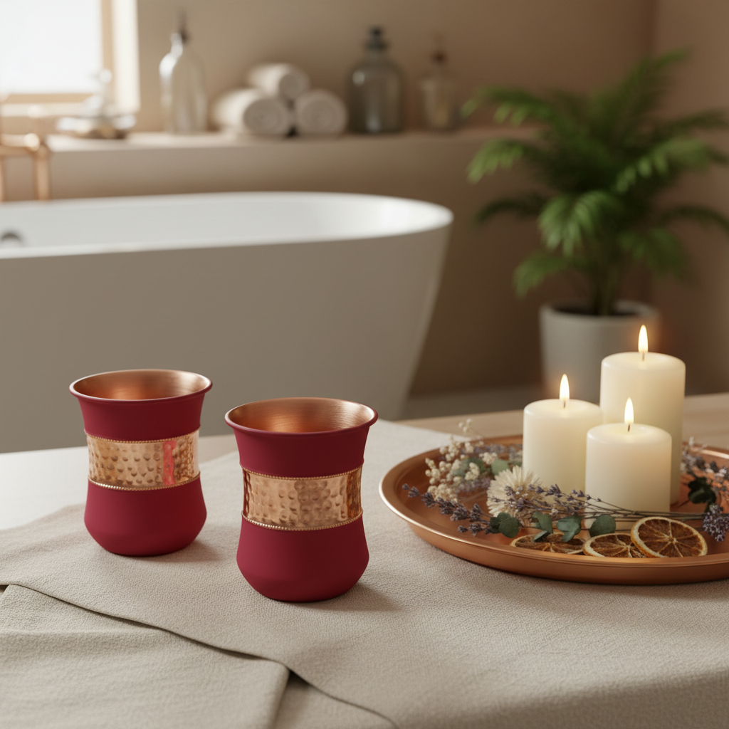 Pure Copper Water Glass Set of 2 – Silk Red Cherry Half Hammered Damru Tumbler 300ML