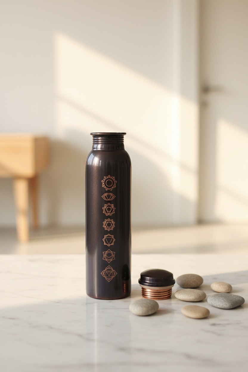 Pure Copper Matte Black 7-Chakra Water Bottle 1L | Ayurvedic Tamra Jal