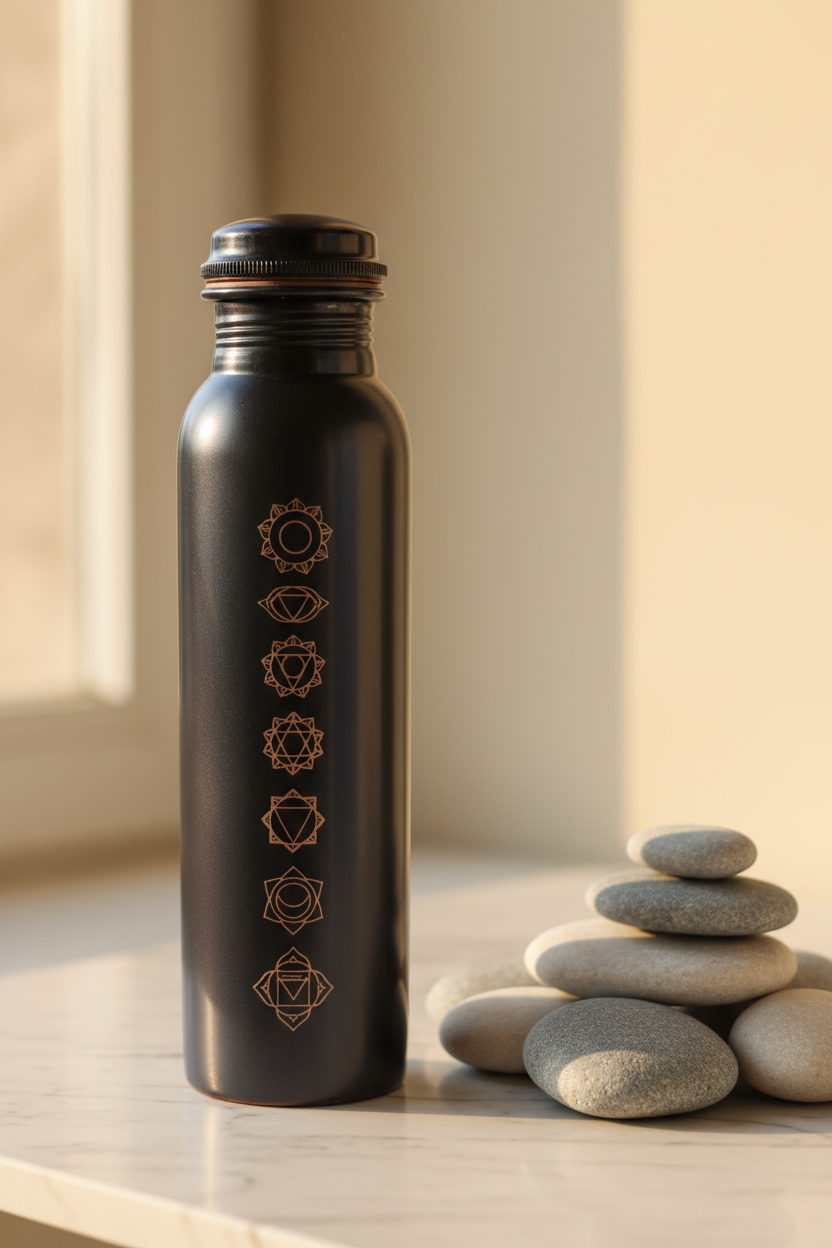 Pure Copper Matte Black 7-Chakra Water Bottle 1L | Ayurvedic Tamra Jal