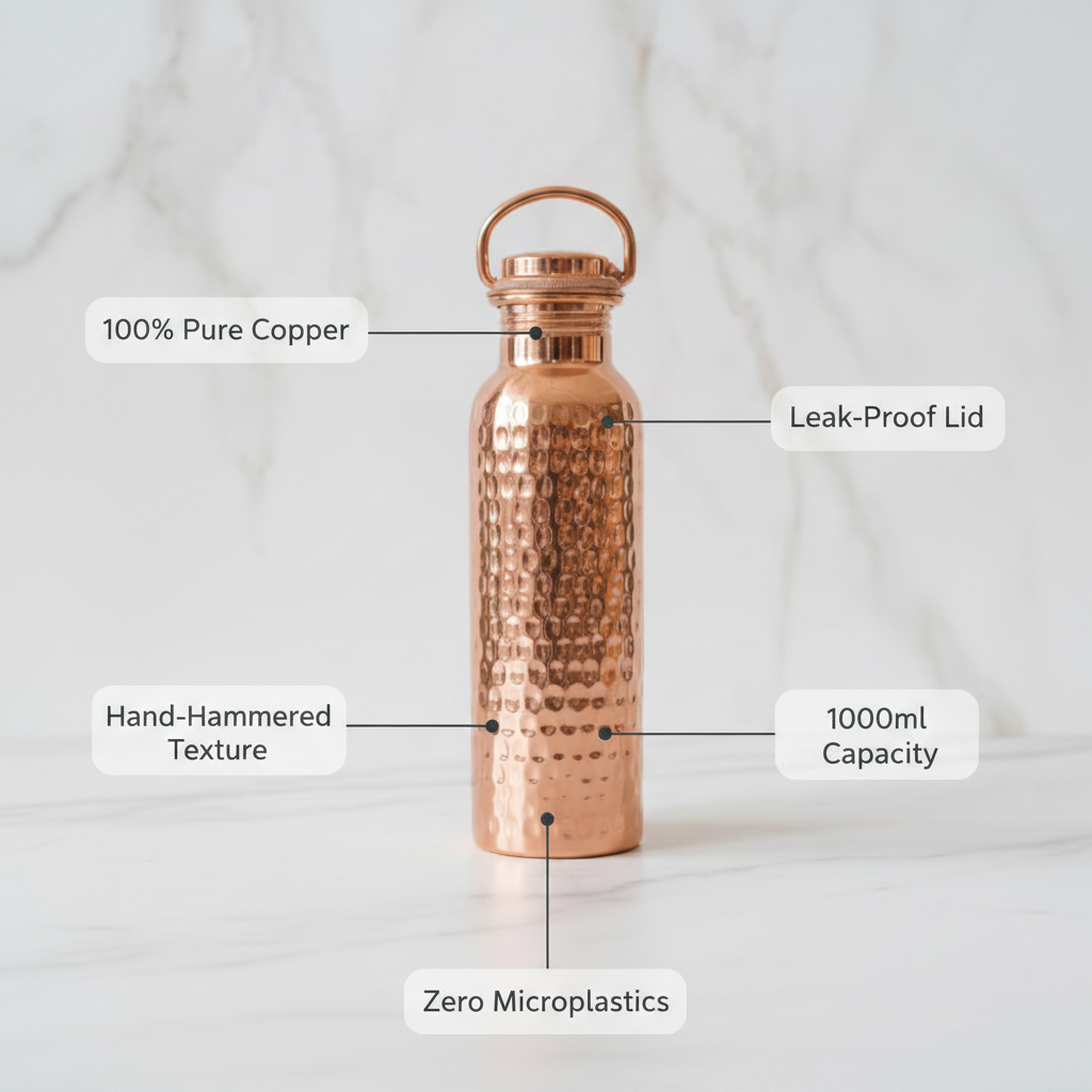 Pure Copper Water Bottle – Hammered Design with Loop Cap 950ml | Ayurvedic Tamra Jal
