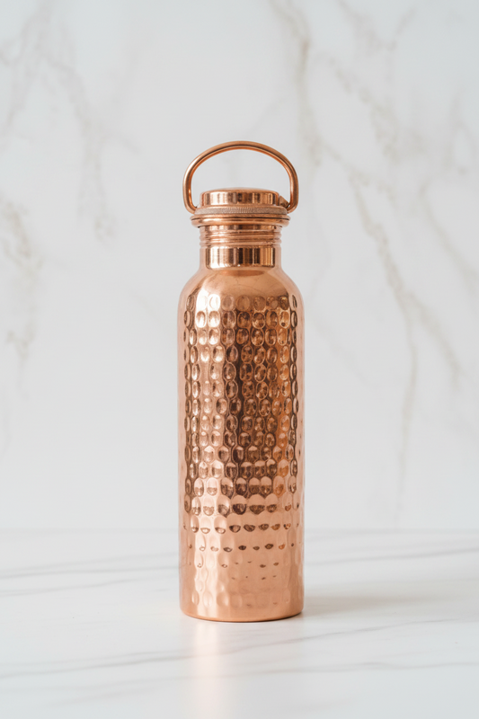 Pure Copper Water Bottle – Hammered Design with Loop Cap 950ml | Ayurvedic Tamra Jal