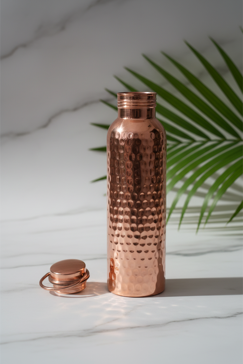 Pure Copper Water Bottle – Hammered Design with Loop Cap 950ml | Ayurvedic Tamra Jal