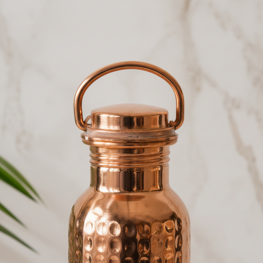 Pure Copper Water Bottle – Hammered Design with Loop Cap 950ml | Ayurvedic Tamra Jal