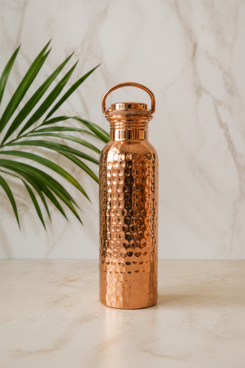 Pure Copper Water Bottle – Hammered Design with Loop Cap 950ml | Ayurvedic Tamra Jal