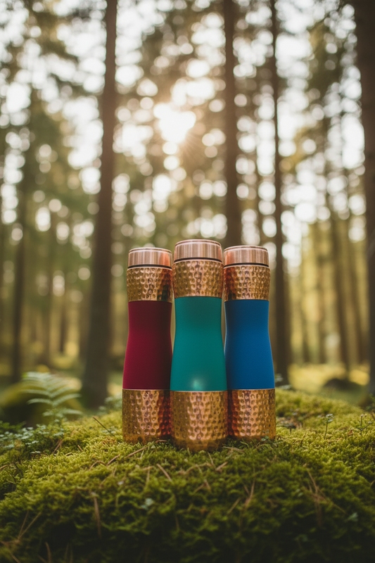 Pure Copper Water Bottle Set of 3 – Red, Green & Blue | Hammered Silk Finish