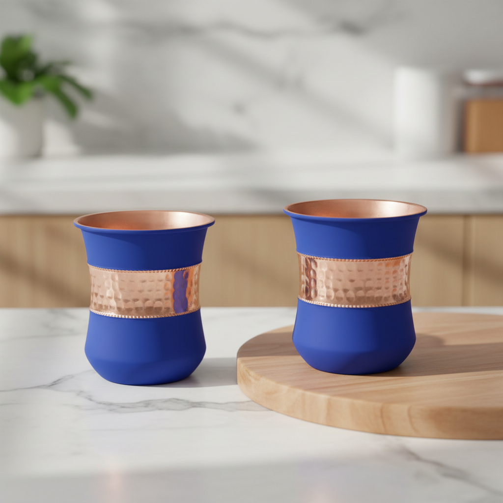 Pure Copper Water Glass Set of 2 Silk Blue Half Hammered Damru Tumbler 300ml