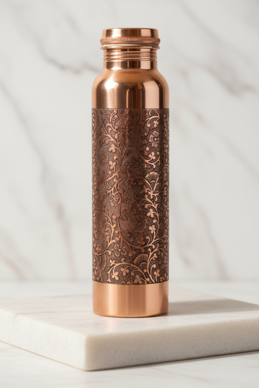 Pure Copper Etching Design Water Bottle – Hand-Etched Floral | 1000ml