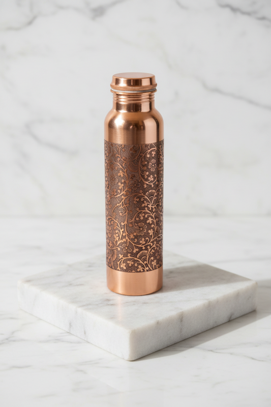 Pure Copper Etching Design Water Bottle – Hand-Etched Floral | 1000ml