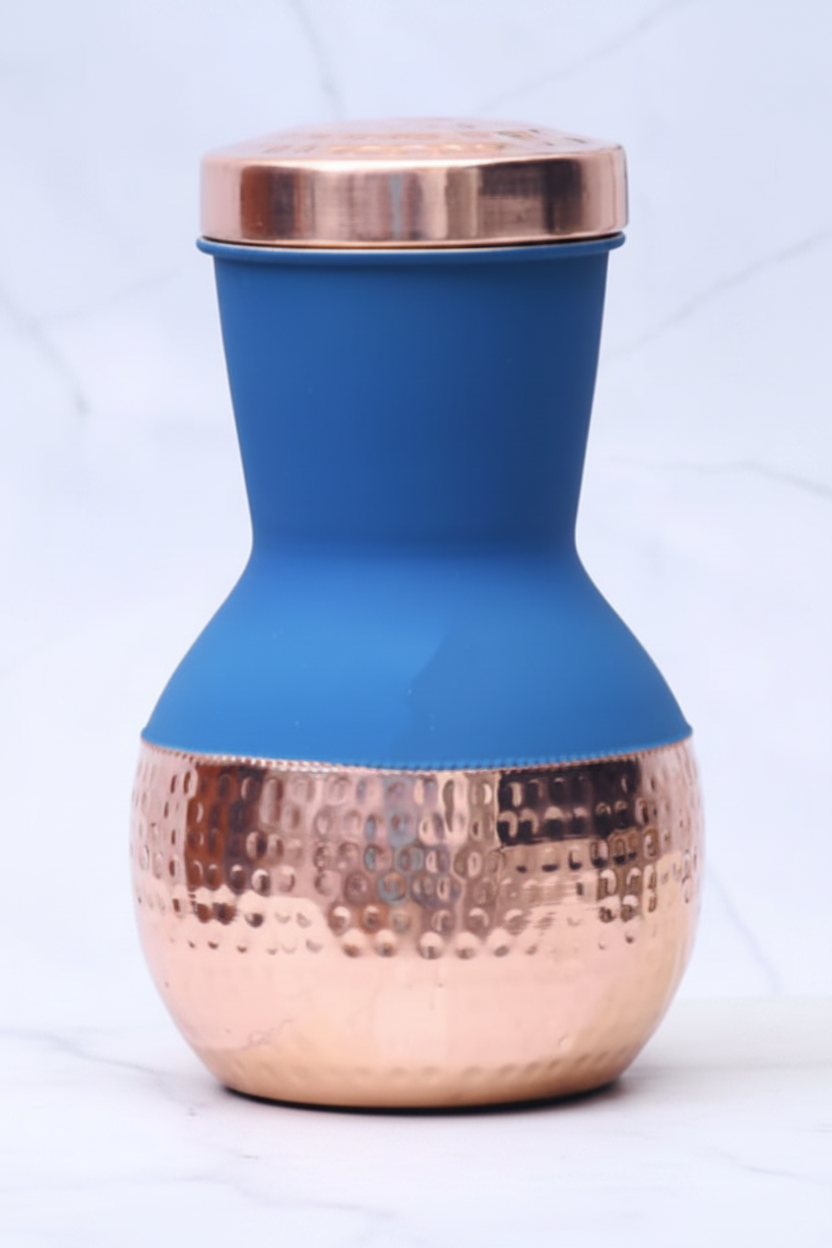 Pure Copper Silk Blue Matka Pot with Inbuilt Glass | 1200ml | Ayurvedic | Designed in Norway