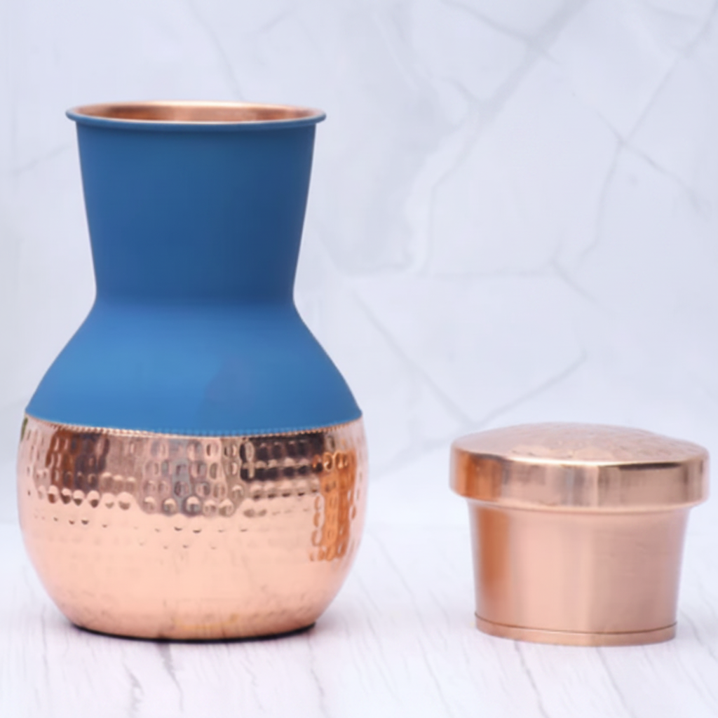 Pure Copper Silk Blue Matka Pot with Inbuilt Glass | 1200ml | Ayurvedic | Designed in Norway