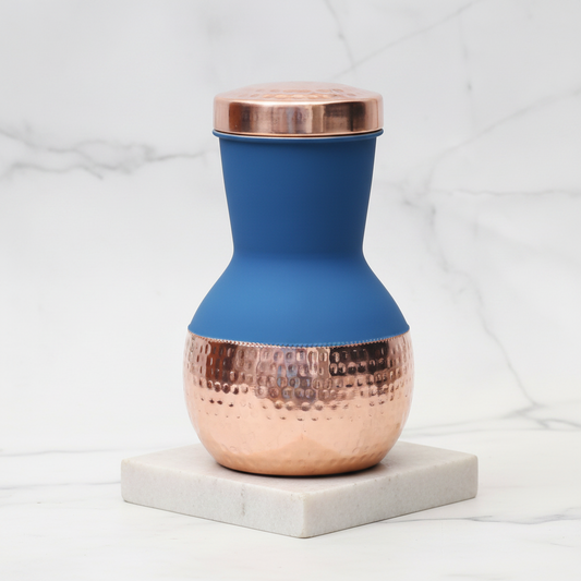Pure Copper Silk Blue Matka Pot with Inbuilt Glass | 1200ml | Ayurvedic | Designed in Norway