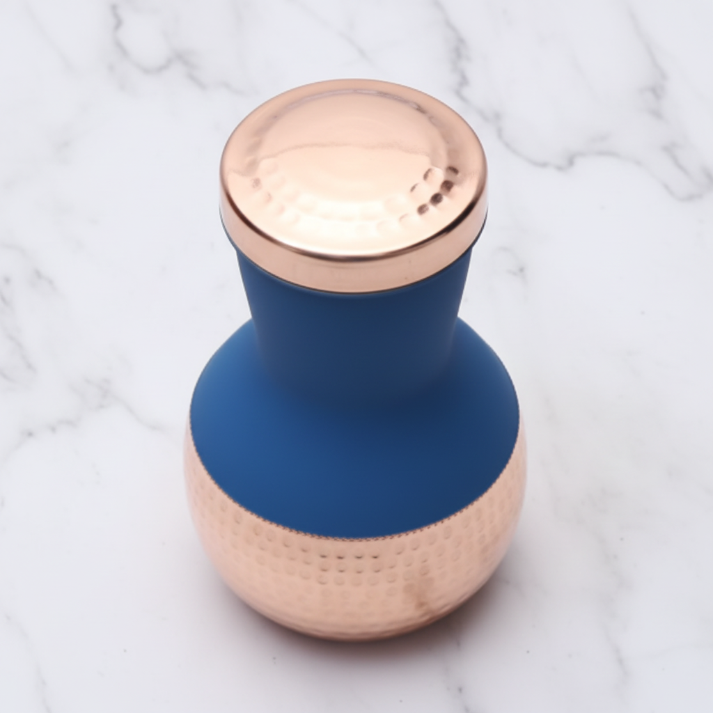 Pure Copper Silk Blue Matka Pot with Inbuilt Glass | 1200ml | Ayurvedic | Designed in Norway