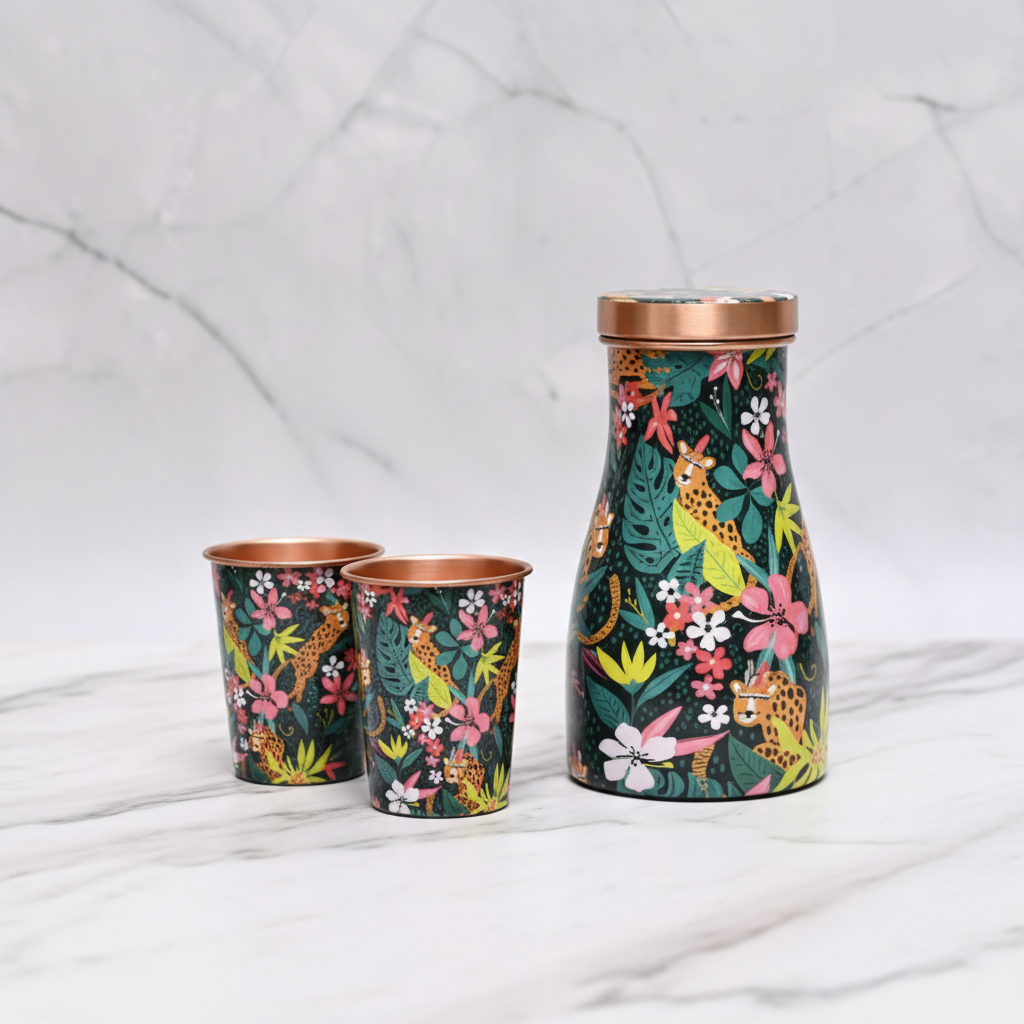 Printed Pure Copper Bedside Jar with 2 Glasses — 1000ml Gift Set