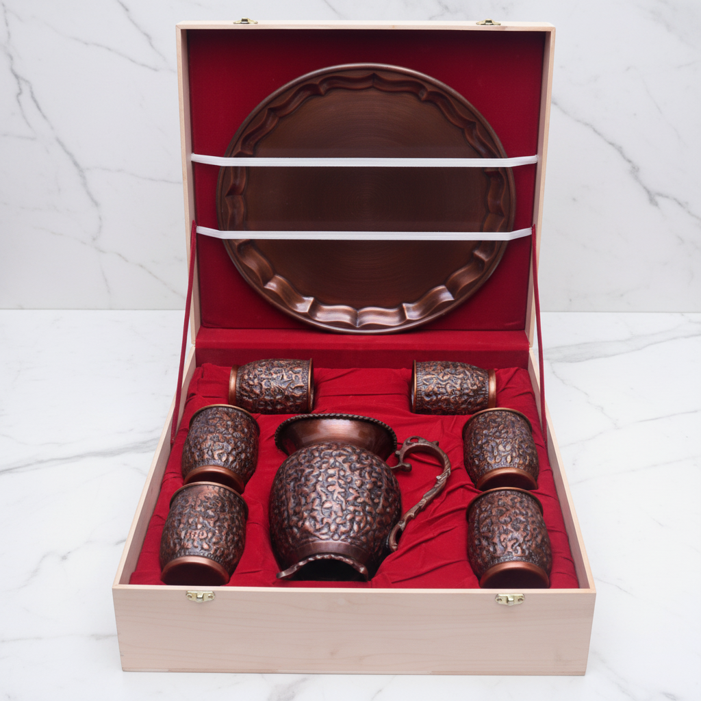 Pure Copper Antique Lemon Set – Jug & 6 Glasses | Royal Wooden Gift Box
