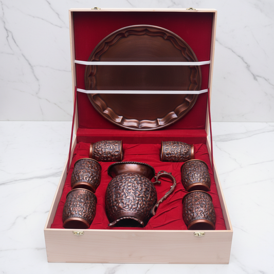 Pure Copper Antique Lemon Set – Jug & 6 Glasses | Royal Wooden Gift Box
