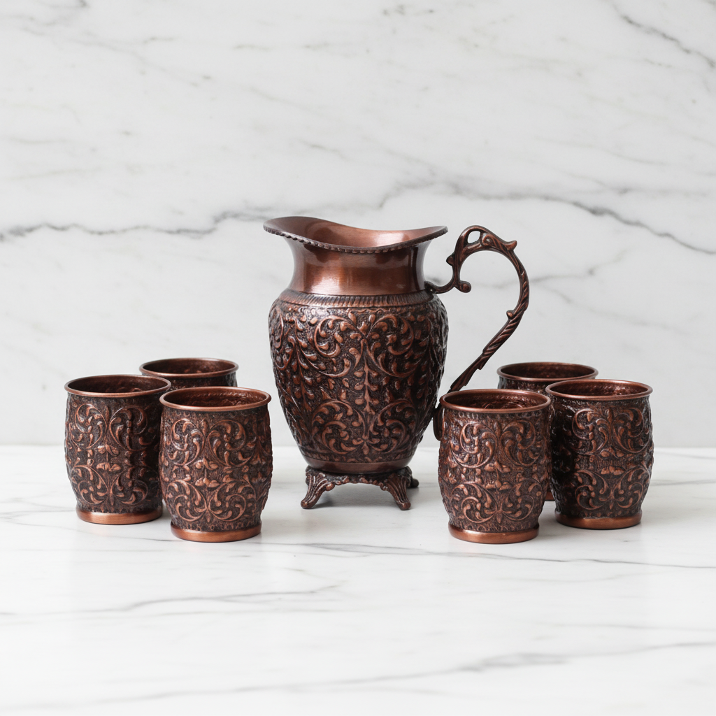 Pure Copper Antique Lemon Set – Jug & 6 Glasses | Royal Wooden Gift Box