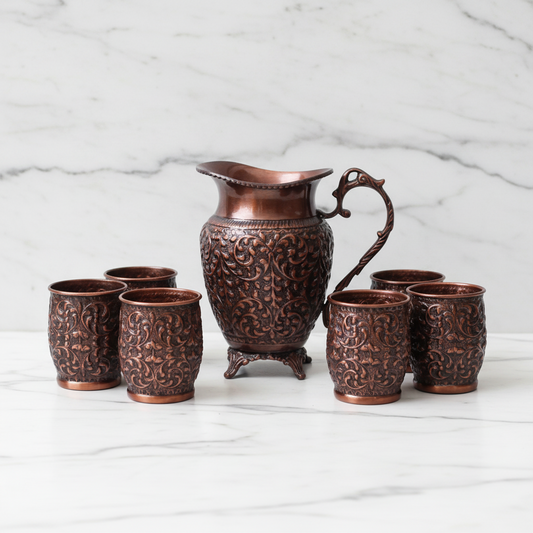 Pure Copper Antique Lemon Set – Jug & 6 Glasses | Royal Wooden Gift Box